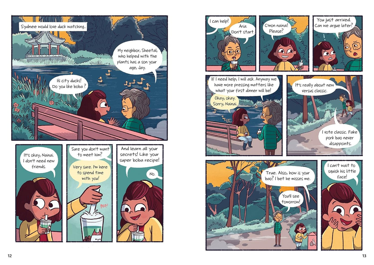 Super Boba Cafe graphic novel pages showing colorful characters enjoying boba tea by a lakeside at sunset.