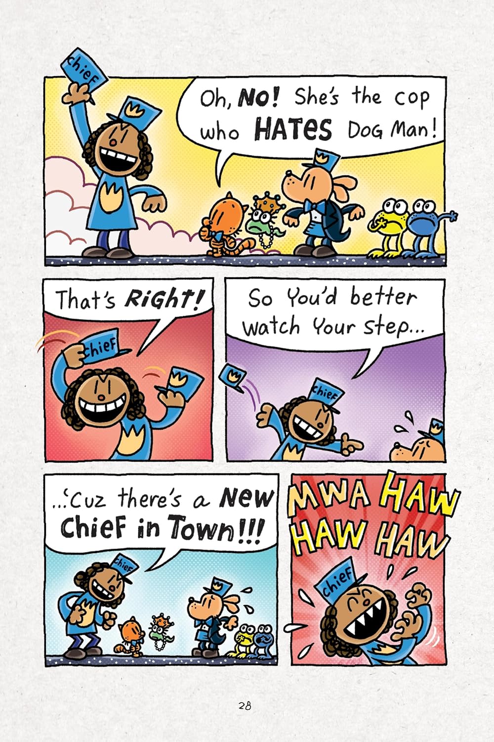 Dog Man #12: The Scarlet Shedder comic page showing characters discussing a new chief who hates Dog Man.