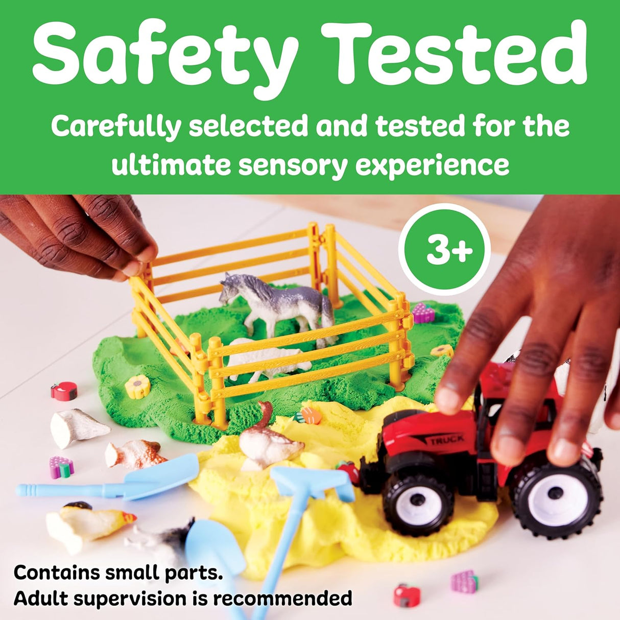 Sensory Pack Farm with toy tractor, animals, and barnyard playset for creative sensory play ages 3 and up.