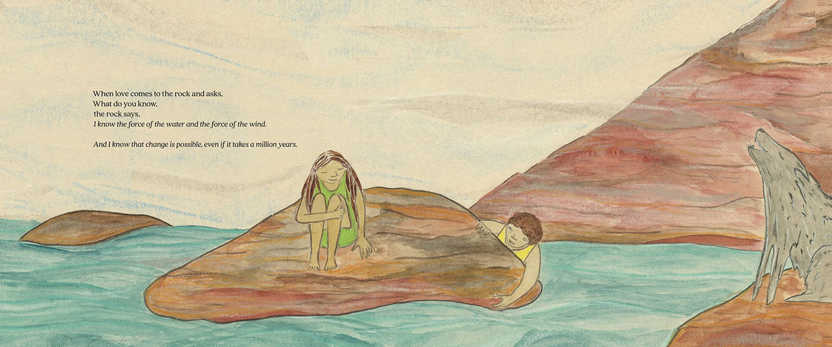 What Do You Know? book illustration showing two children resting on rocks in a calm river under soft sky.