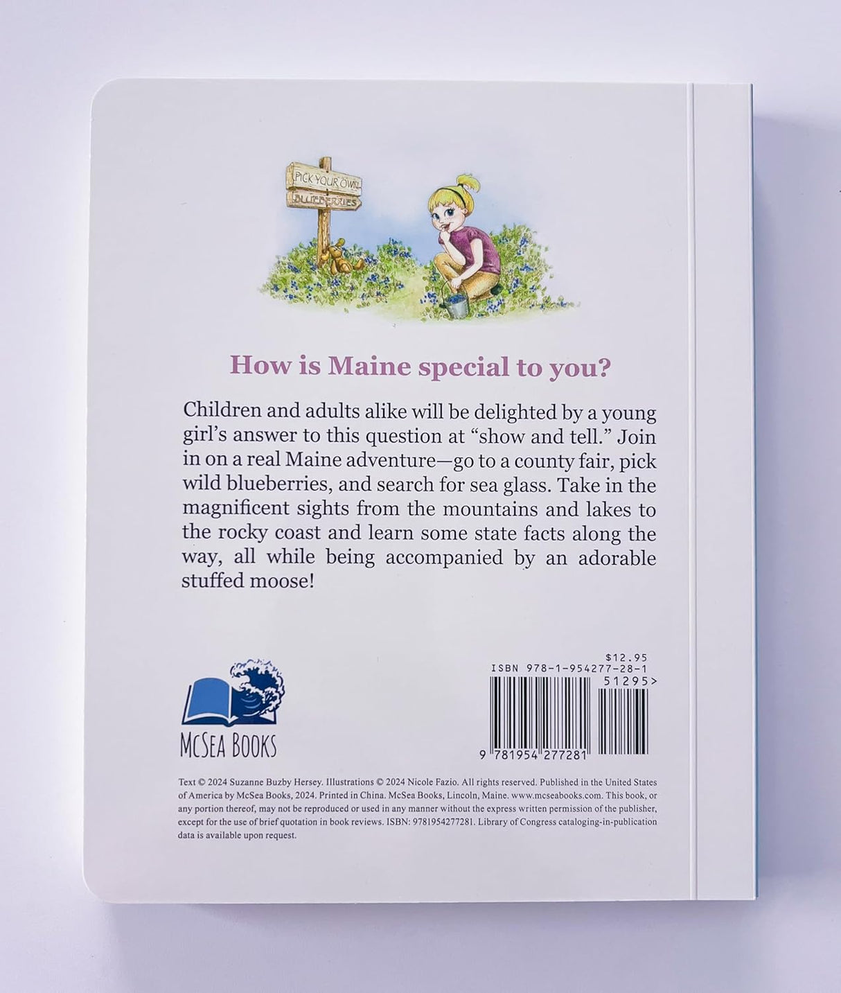 Back cover of My Maine book featuring a young girl picking blueberries with descriptive text about Maine adventures.