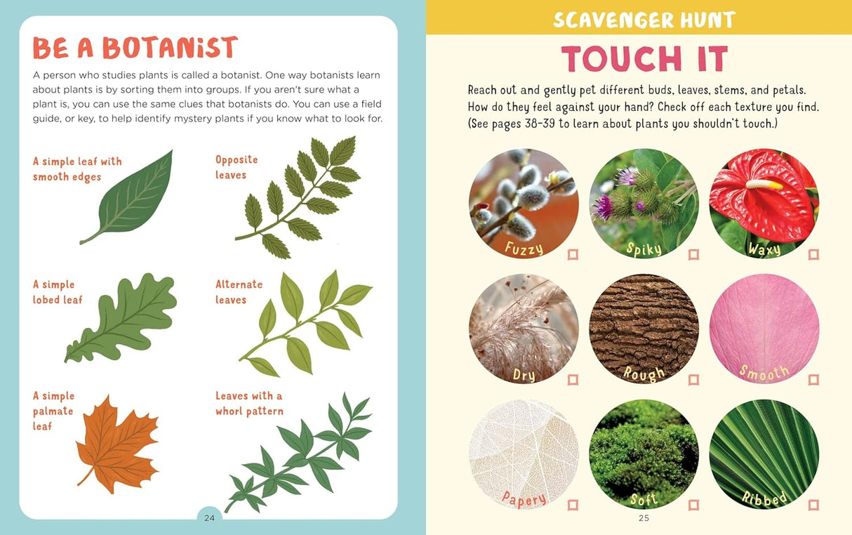 Backpack Explorer: Discovering Plants and Flowers showing leaf types and a plant texture touch scavenger hunt activity pages.