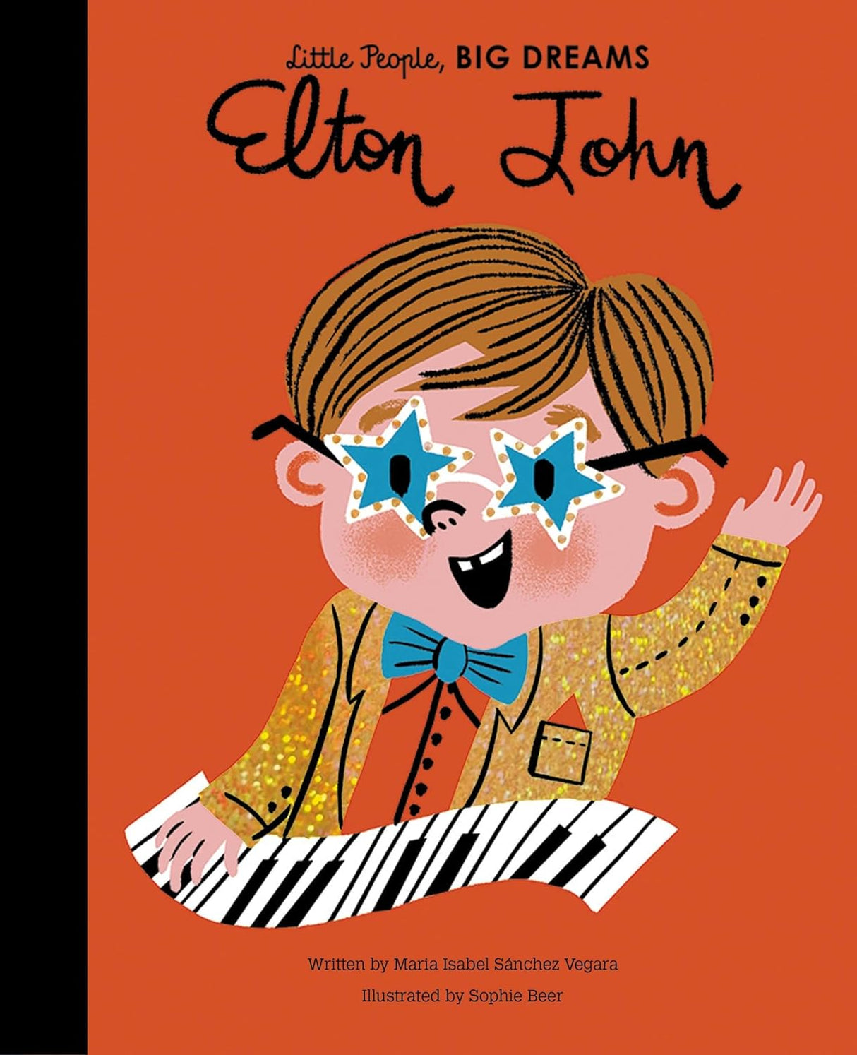 Little People, Big Dreams: Elton John book cover with a cartoon boy playing piano wearing star-shaped glasses.