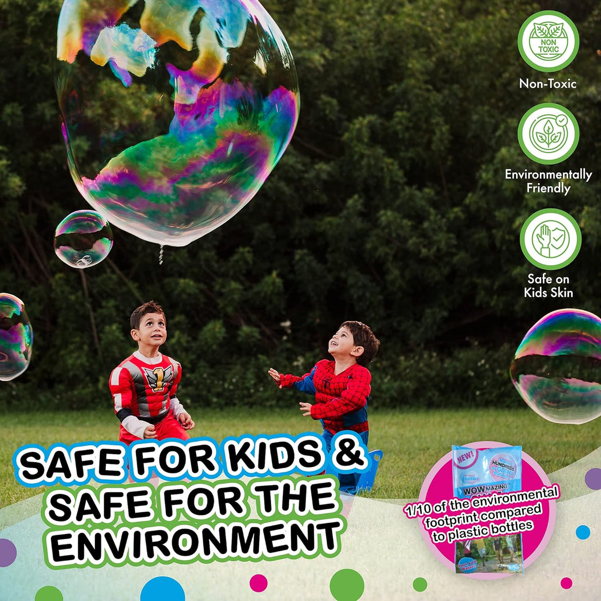 WOWmazing Giant Bubble Wand & Concentrate Kit with kids playing safely outdoors creating colorful giant bubbles.