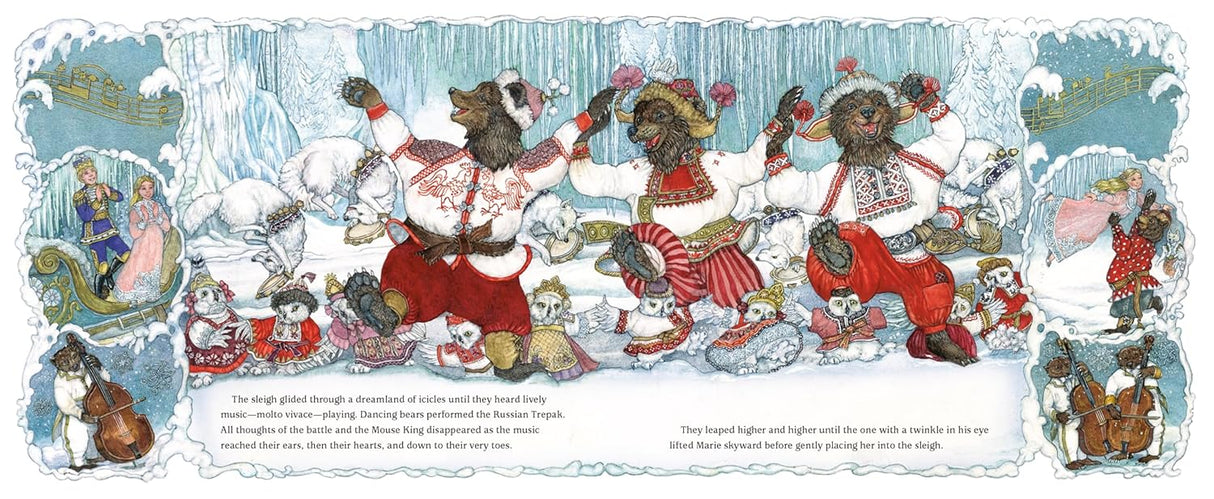 Illustration from Jan Brett’s The Nutcracker showing dancing bears in festive clothing in a snowy scene.