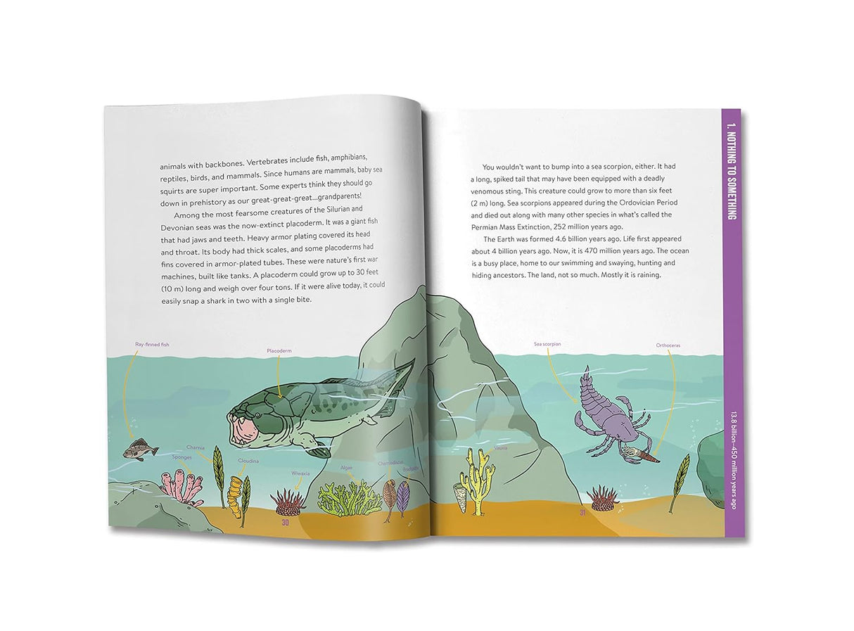 Absolutely Everything! New Edition book open to a colorful underwater scene with fish, plants, and ancient aquatic life illustrations.