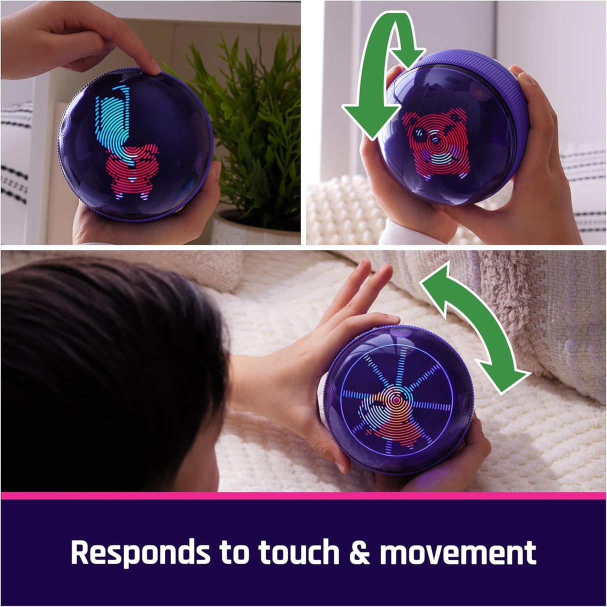 Child interacts with a purple hamster ball toy that responds to touch and movement with colorful digital animations.