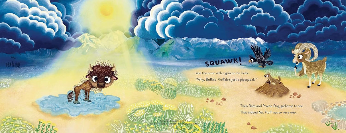 Buffalo Fluffalo stands soaked in the rain, surrounded by prairie dog, ram, and crow in a colorful children's book scene.