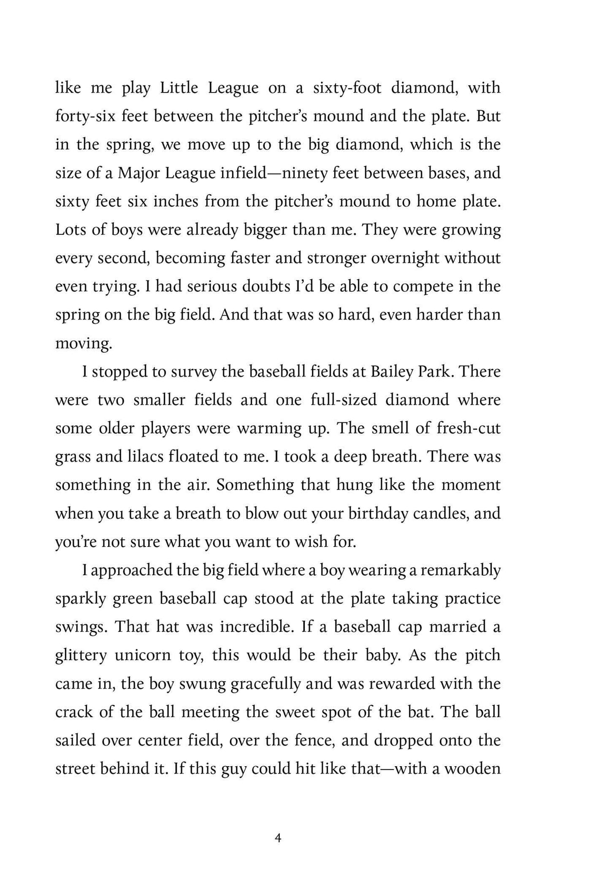 Page from the book Much Ado About Baseball showing text about baseball fields and practice.