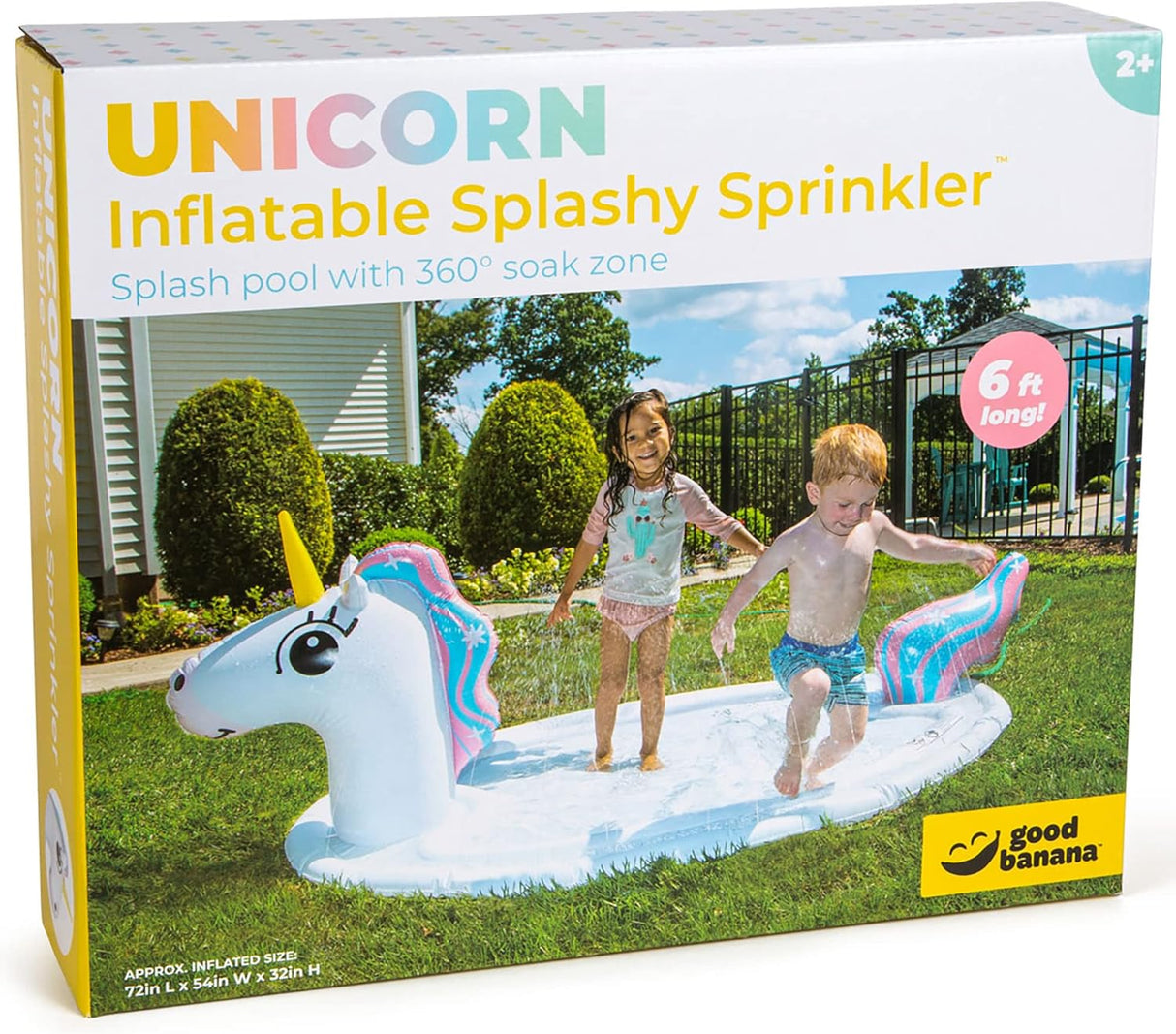 Splash Pad Sprinkler Unicorn inflatable water toy with 360-degree soak zone for fun backyard play.