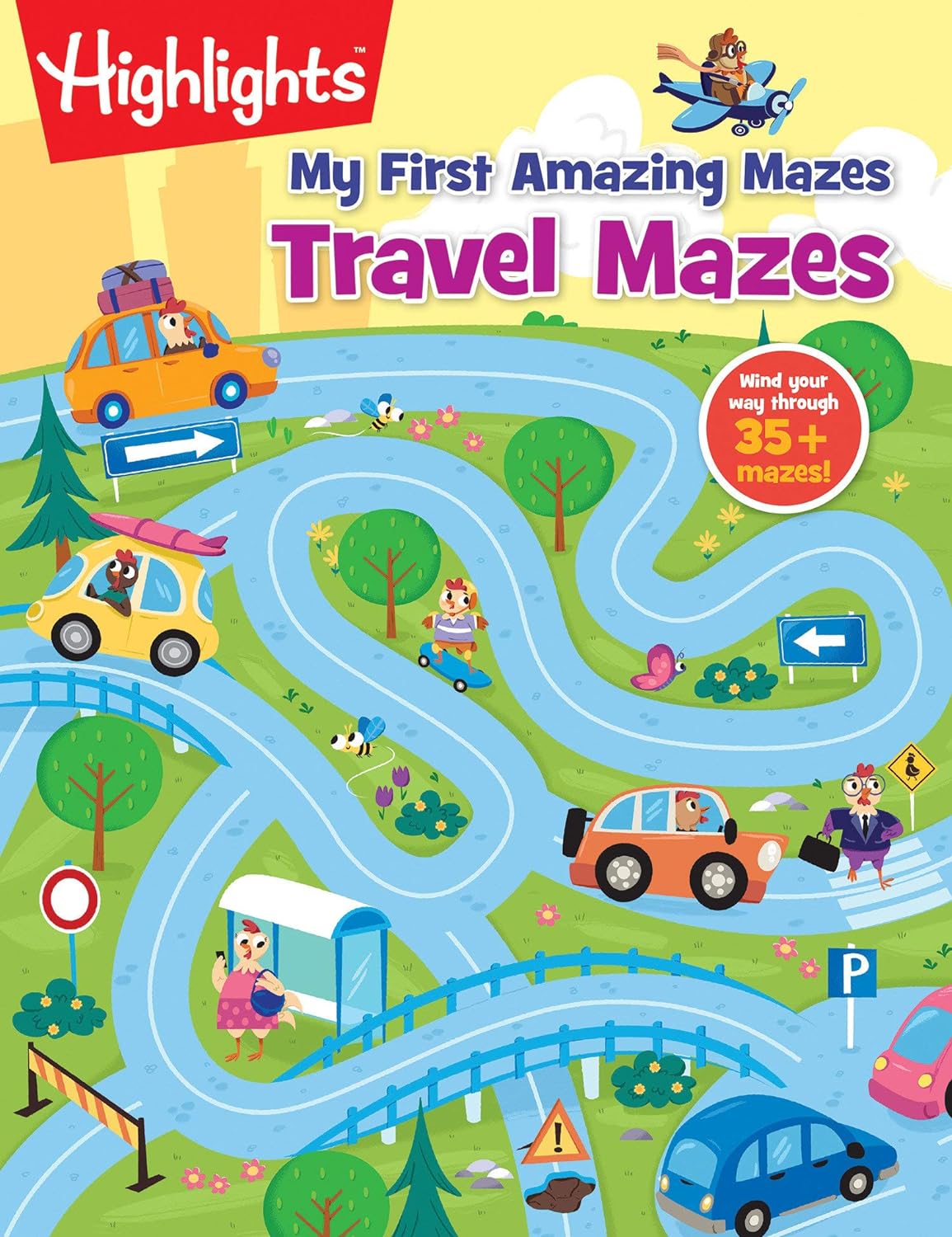 Highlights Travel Mazes activity book cover with colorful cars and winding roads for young puzzlers ages 3-6.