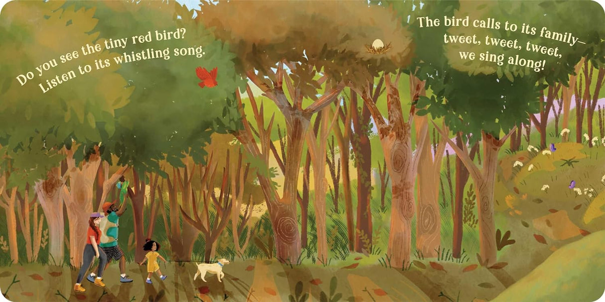 The Great Outdoors board book illustration of a family hiking through a forest with birds and nature sounds.