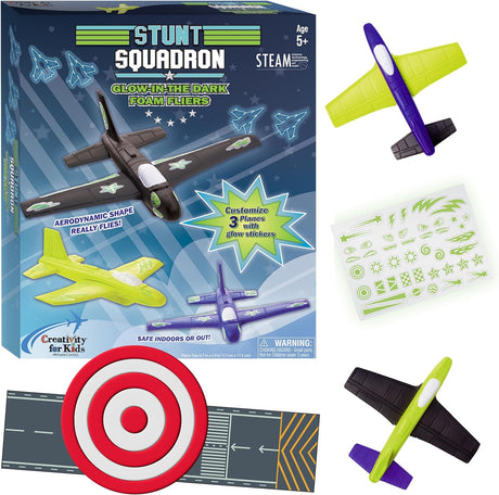 Stunt Squadron Glow Foam Fliers kit with 3 foam planes, glow stickers, launch pad, and target, perfect for indoor or outdoor play.