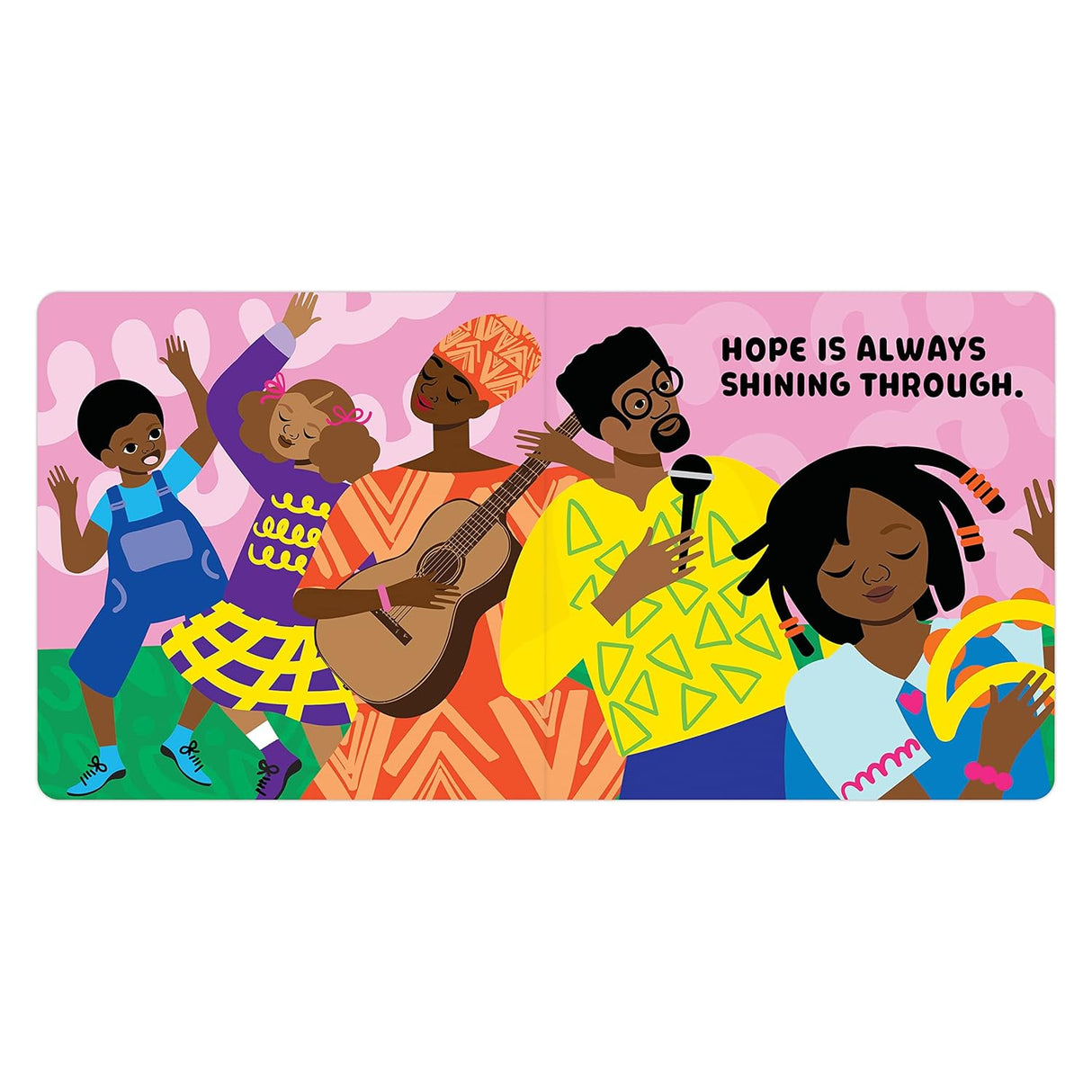 Let's Celebrate Juneteenth board book illustration showing diverse people celebrating with music and joy.