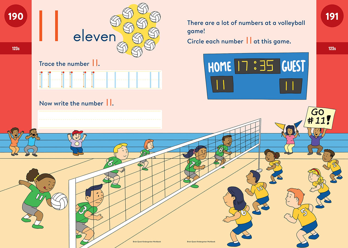 Brain Quest Workbook Kindergarten page teaching number 11 with tracing, writing, and a volleyball game illustration.