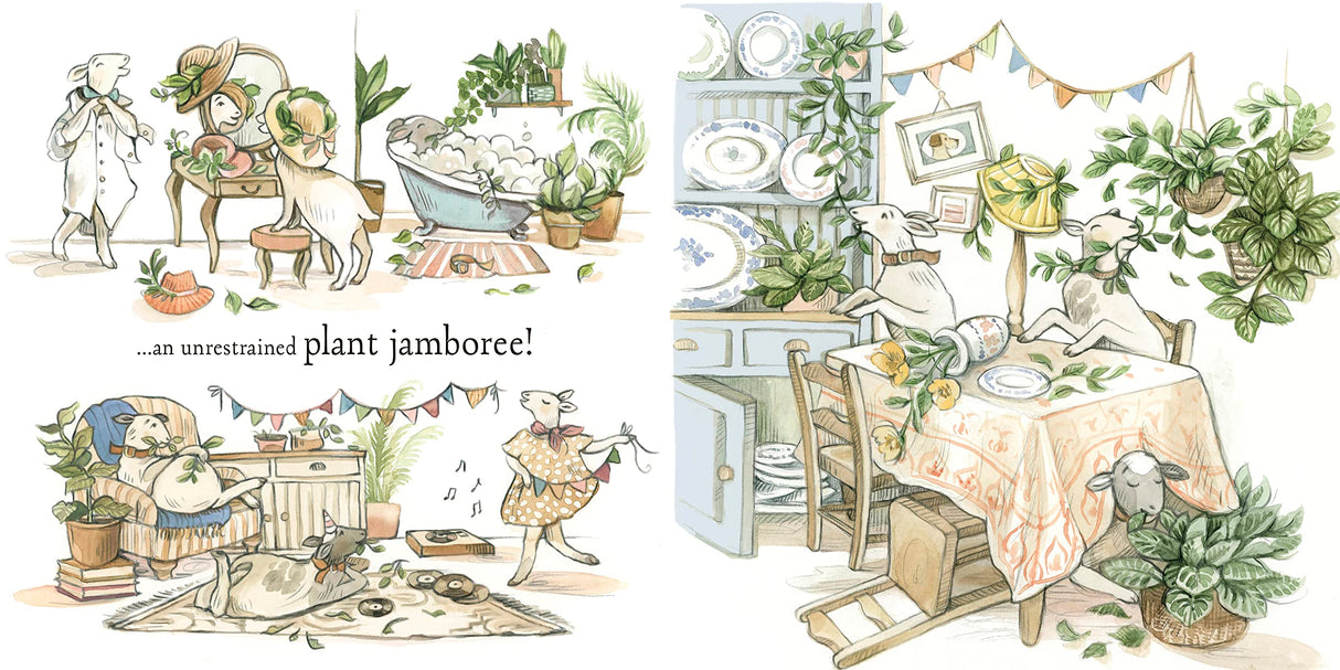 Agnes and the Sheep showing charming illustrated farm scenes with sheep, plants, and cozy home details in a picture book style.