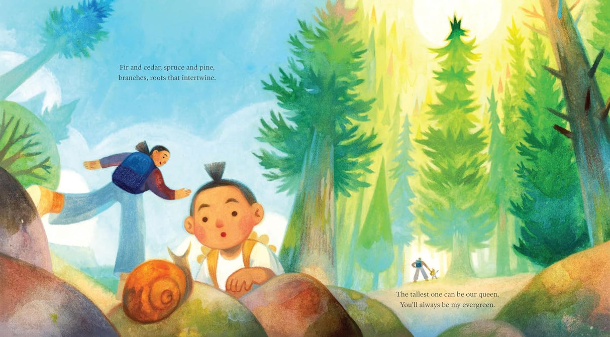 Illustration from You'll Always Be My Chickadee showing a child exploring a forest with tall evergreen trees and a snail nearby.