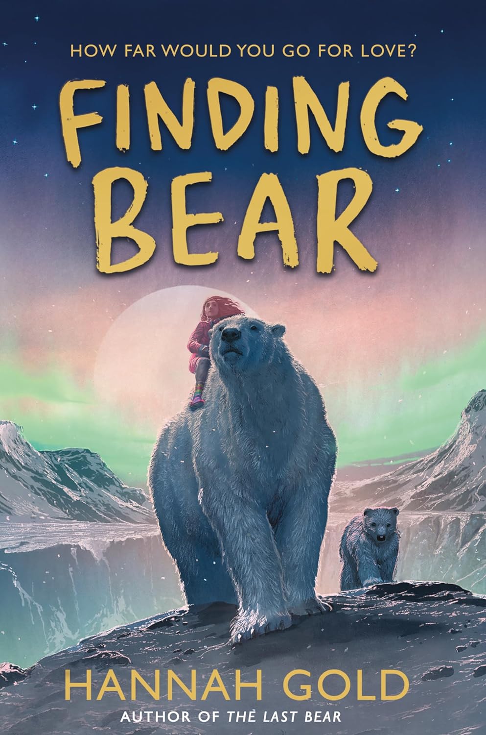Finding Bear book cover showing a girl riding a polar bear across an icy Arctic landscape under the northern lights.
