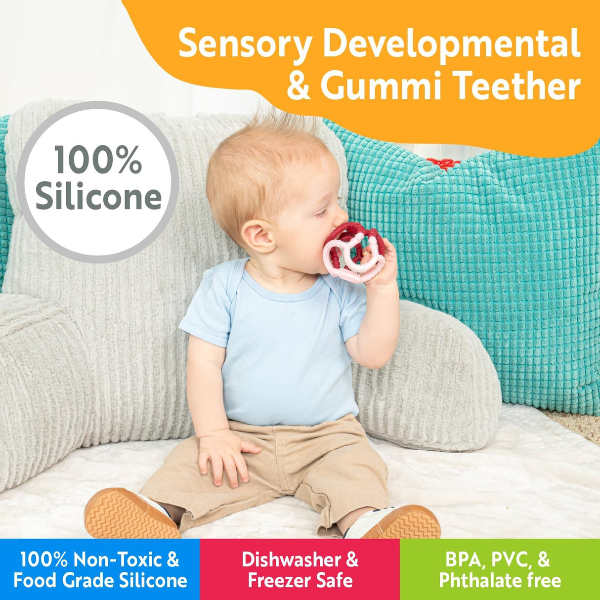 Ogobolli Gummi | Grapefruit textured teething ring with 100% non-toxic silicone for baby sensory and teething comfort.