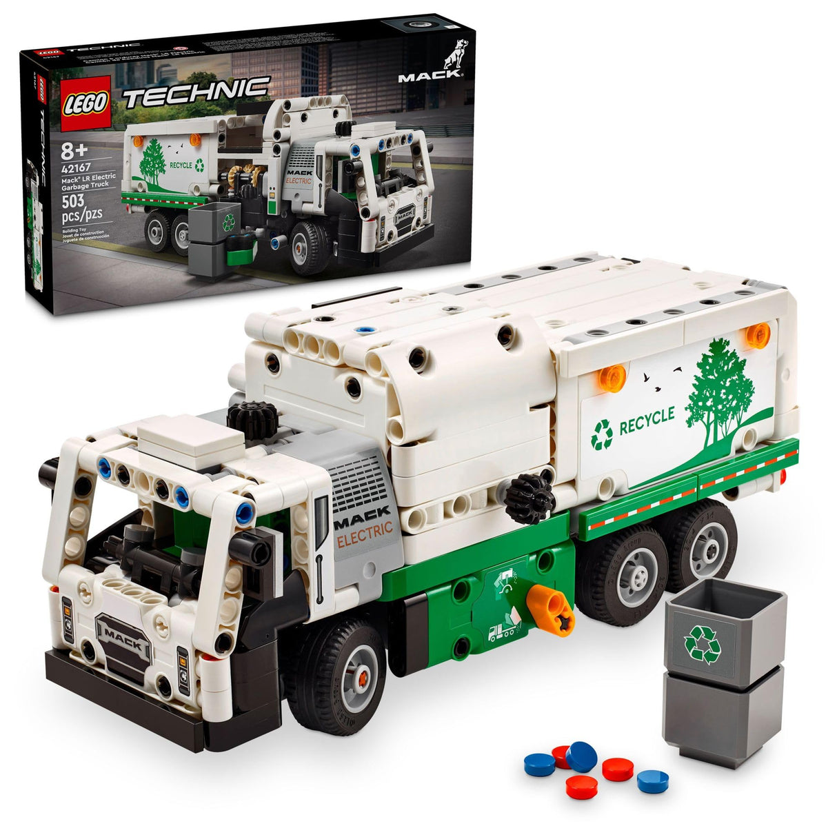 LEGO Technic model of a Mack LR electric garbage truck with recycling bins and buildable features for kids aged 8 plus