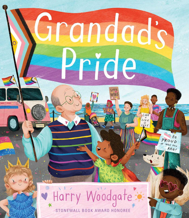 Grandad's Pride cover shows diverse community celebrating with rainbow flags and signs at a colorful Pride parade.
