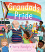 Grandad's Pride cover shows diverse community celebrating with rainbow flags and signs at a colorful Pride parade.