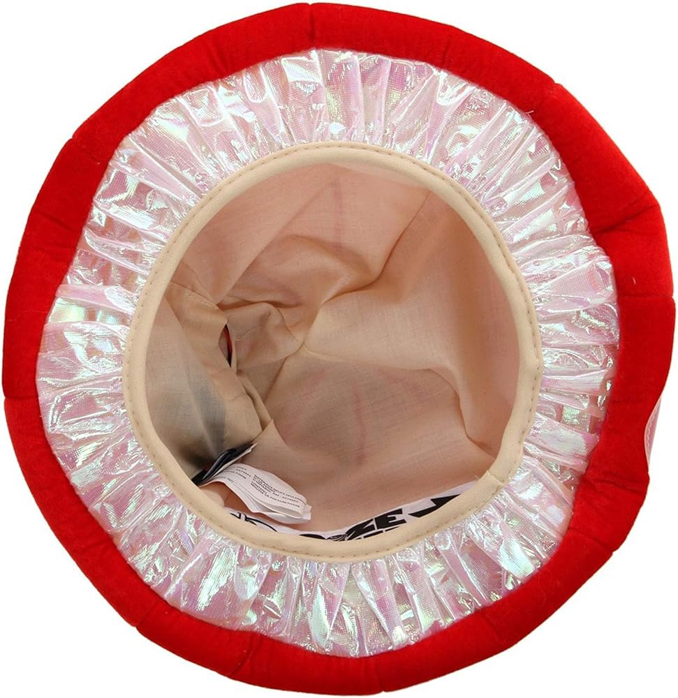 Top view of Mushroom Lumen Hat showing red exterior and iridescent inner rim with adjustable interior lining.