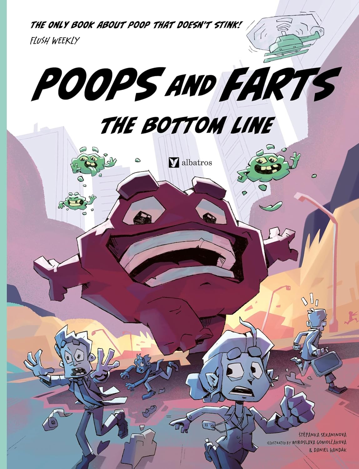 Cartoon characters running away from a large, angry animated poop with floating green germs in a city street setting