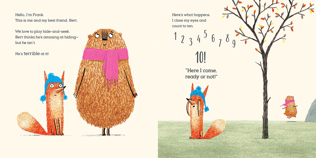 Frank and Bert book illustration showing Frank the fox and Bert the bear playing hide-and-seek near a tree.