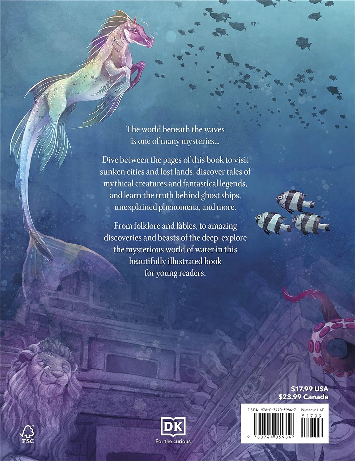 Back cover of Underwater World - Aquatic Myths, Mysteries, and the Unexplained with sea creatures and mythical underwater scene.