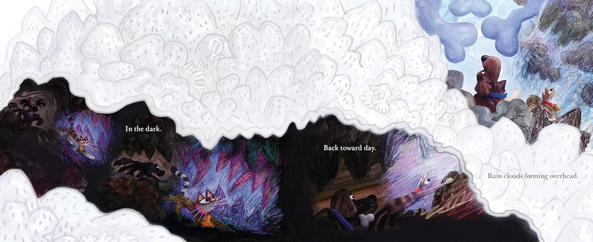 Illustration from Two Together showing cat and dog’s imaginative journey through changing weather and varied landscapes.