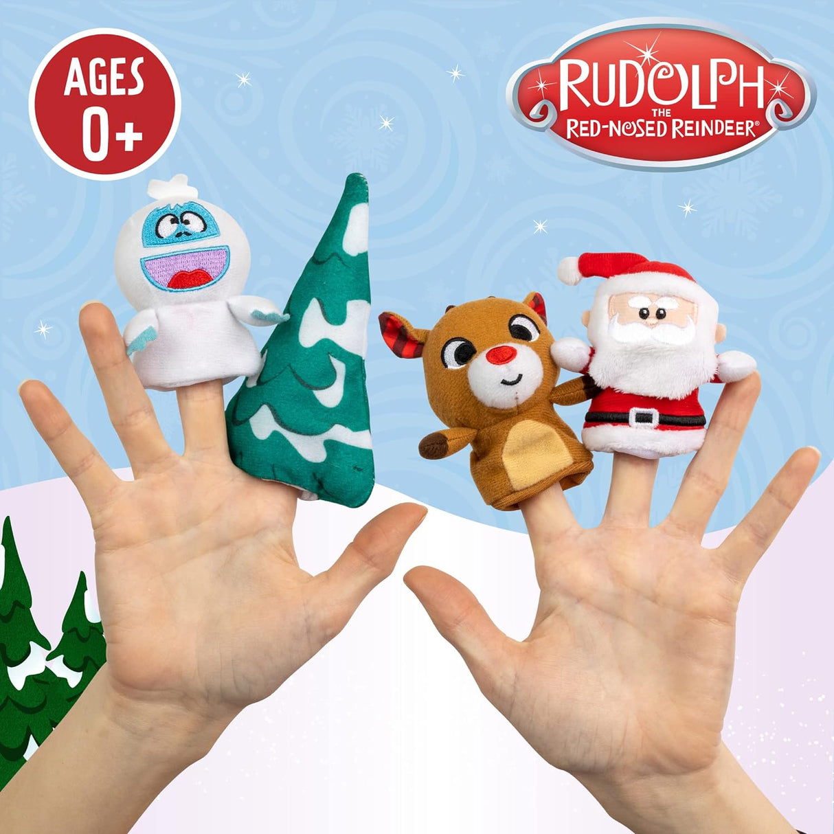 Rudolph | Plush Playset showing finger puppets of Rudolph, Santa, a Christmas tree, and Abominable Snowman for all ages.