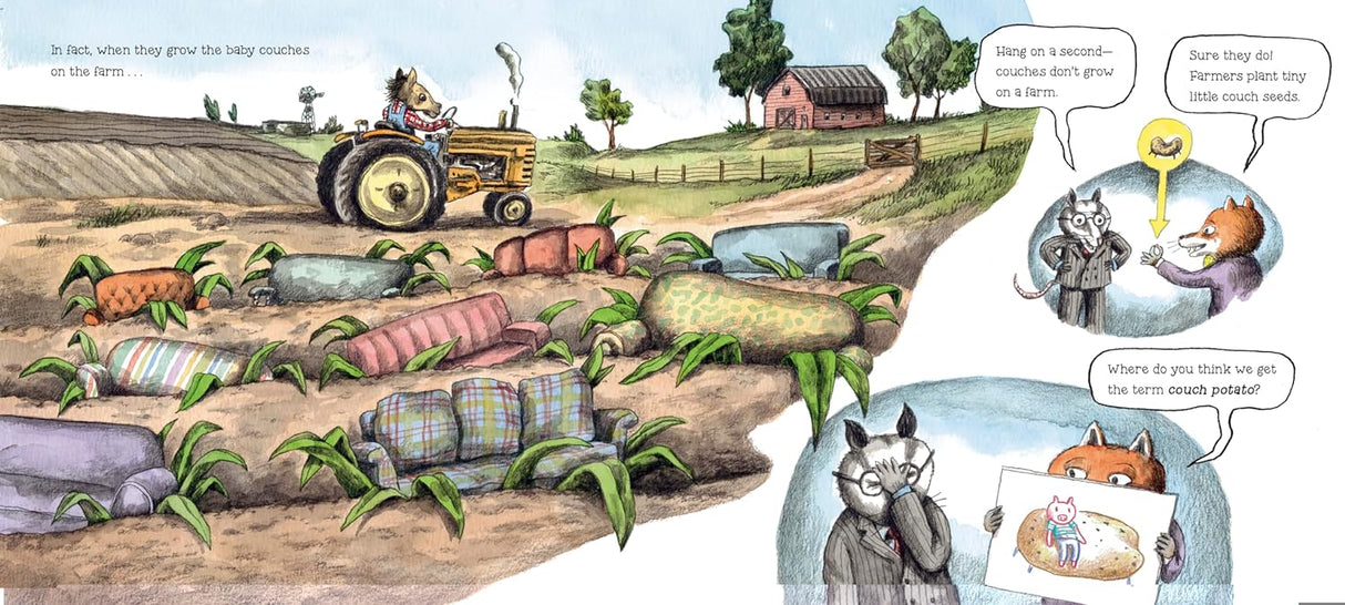 Illustration from The Truth About the Couch showing couches growing on a farm with animals and a tractor.