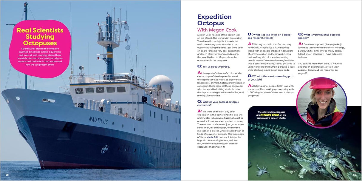 The Incredible Octopus book page showing scientists studying octopuses aboard the research ship Nautilus.