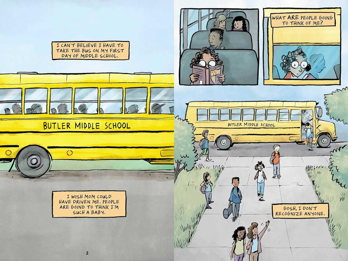 Illustration from Duel showing Lucy’s first day at Butler Middle School on the school bus and arriving with other students.