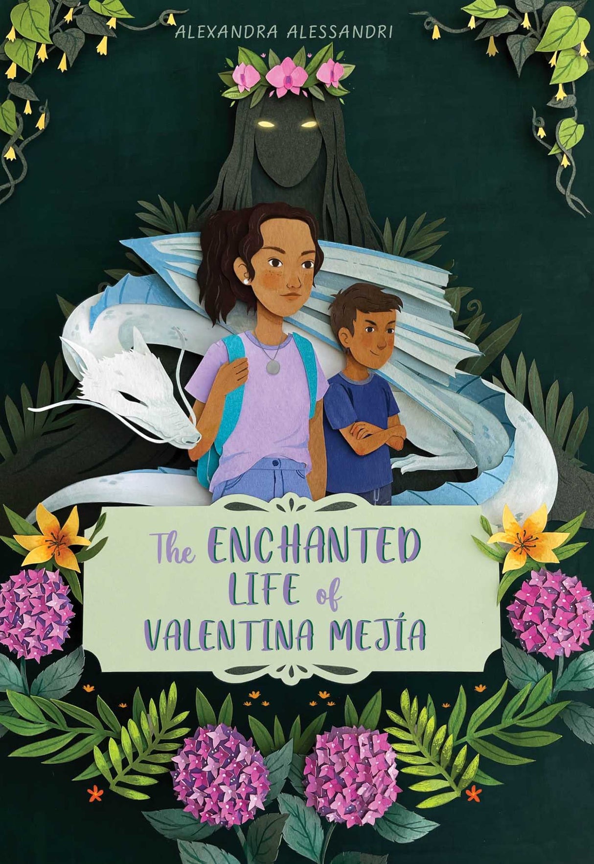 Cover of The Enchanted Life of Valentina Mejia showing Valentina, Julián, a white dragon, and a shadowy figure with glowing eyes.