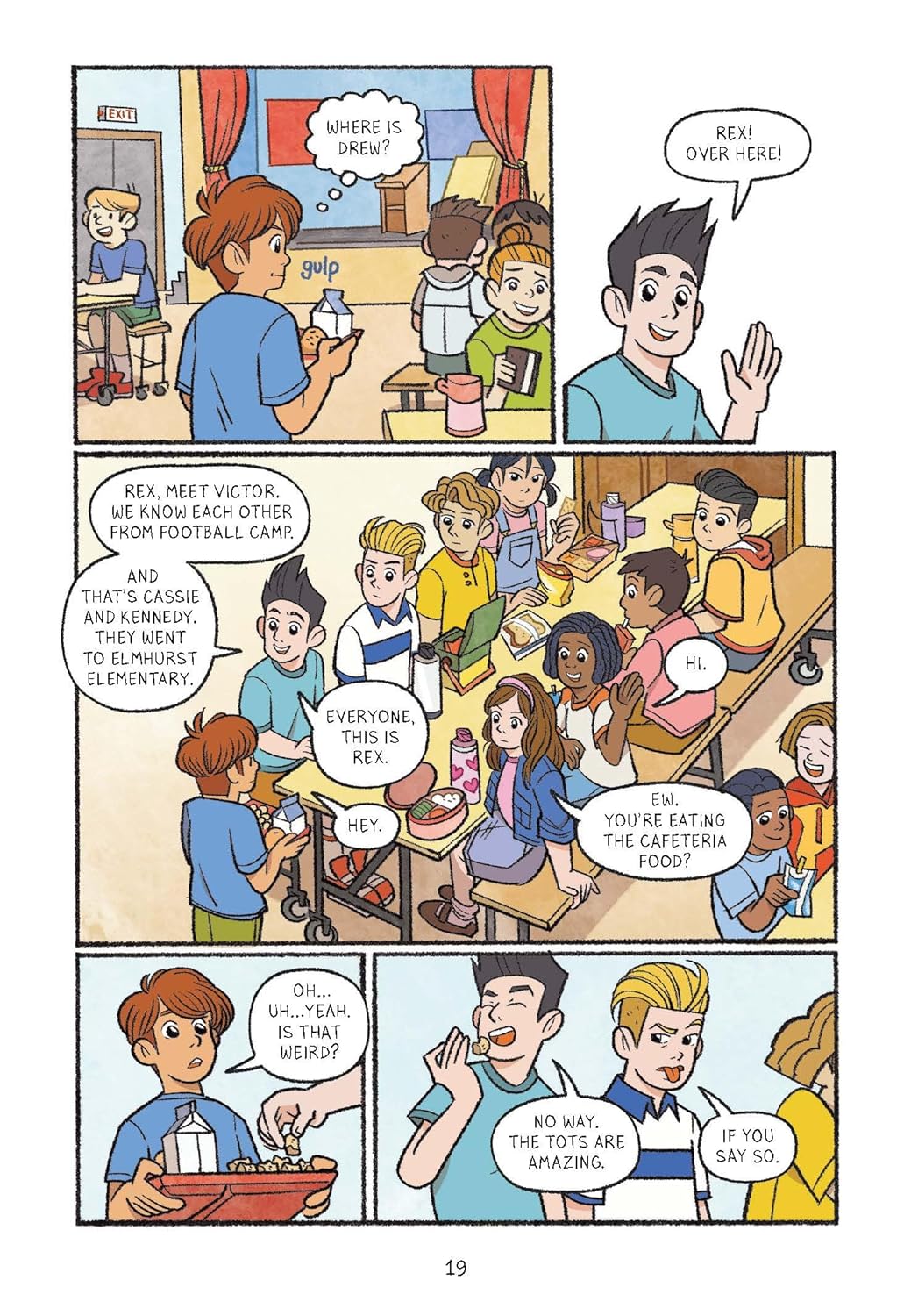 Four Eyes book comic style school scene showing Rex meeting new classmates in the cafeteria.
