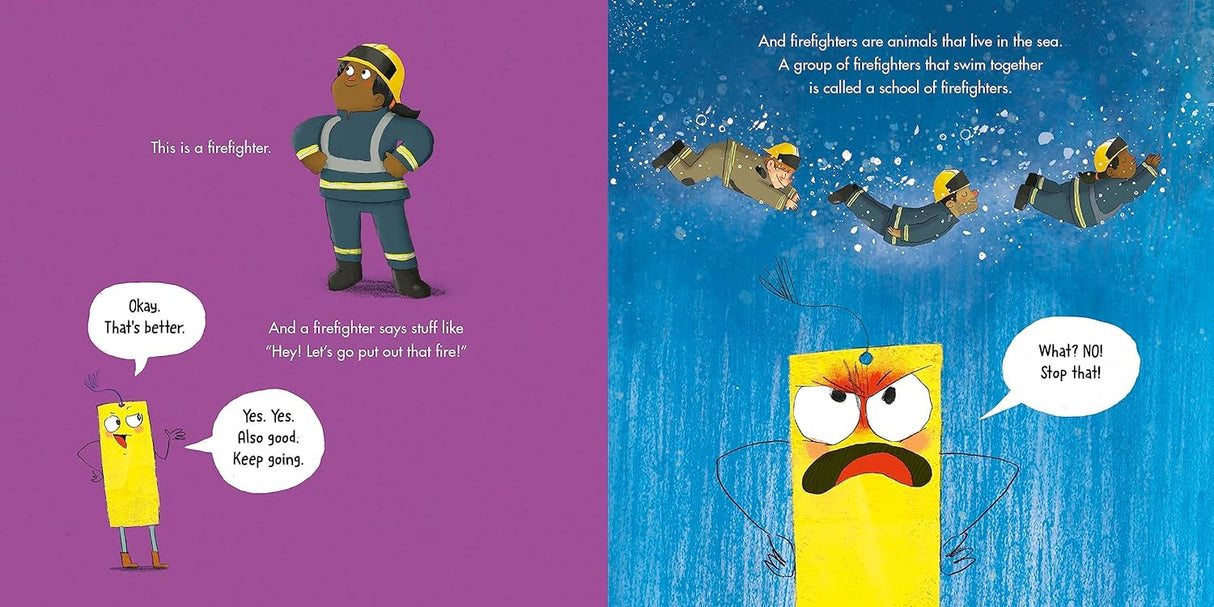 Illustration from The Wrong Book showing a firefighter and a yellow character correcting the narrator with bright, bold colors.