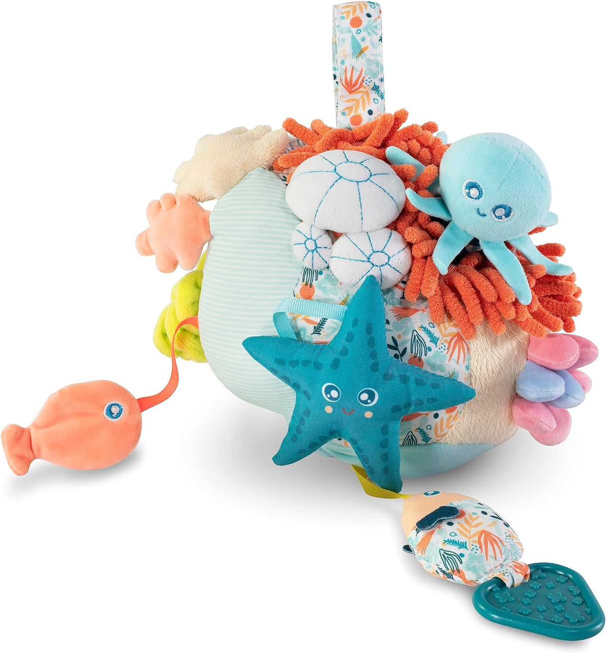 Sensorial Reef soft plush toy featuring octopus rattle, squeezable coral, and starfish for baby sensory exploration.