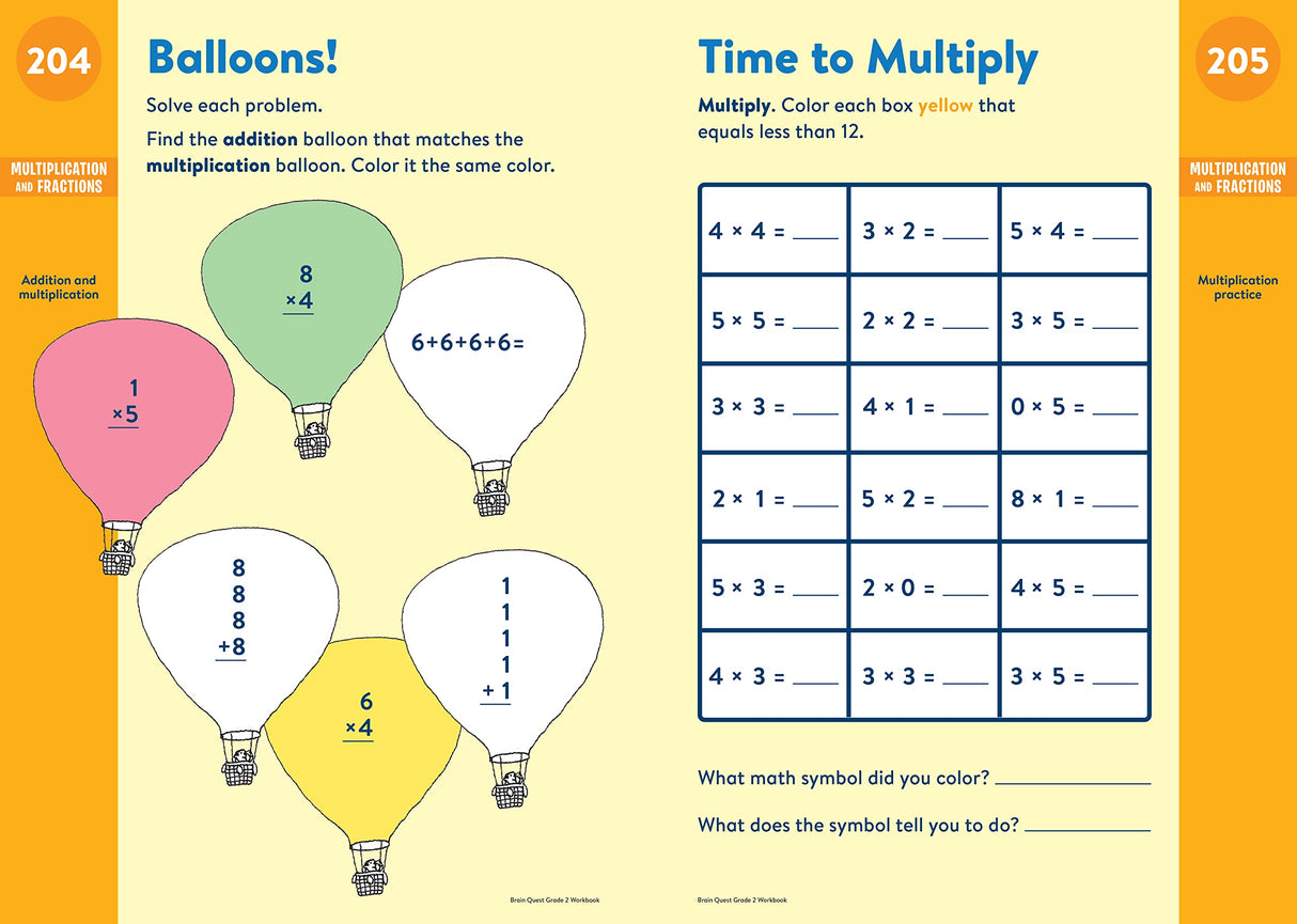 Brain Quest Workbook Grade 2 multiplication and addition activity page with colorful balloon illustrations for kids.
