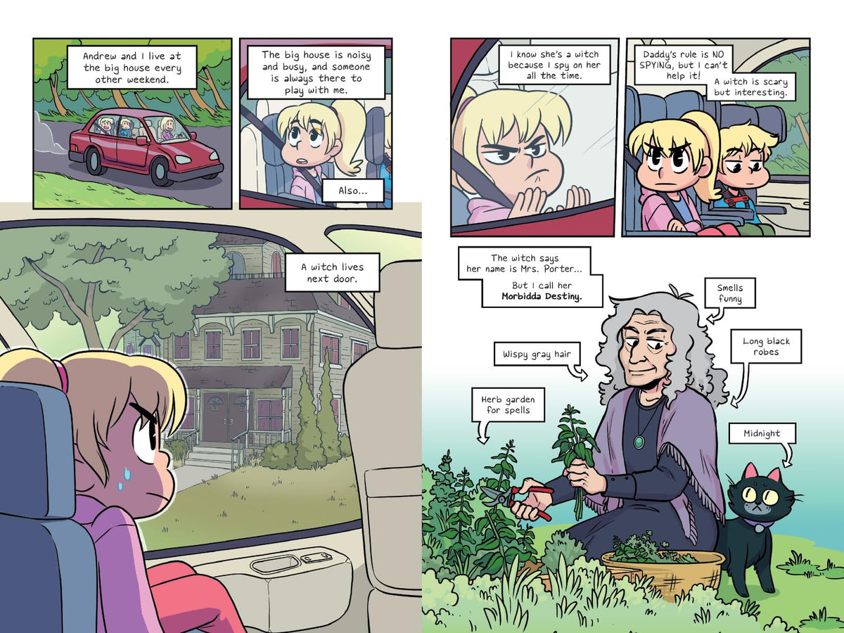 Image from Babysitters Little Sister Karen's Witch #1 showing Karen spying on Mrs. Porter, a witch with gray hair and a black cat.