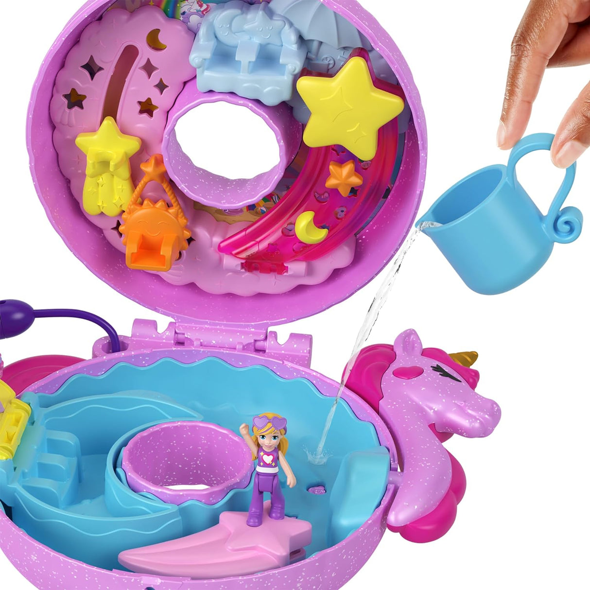 Polly Pocket Sparkle Cove Unicorn Floatie Compact with water play, color-change pieces, and micro doll inside.