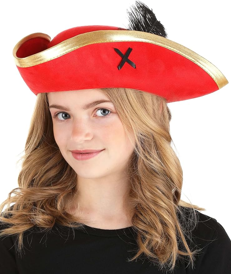 Red Skull & Crossbones Pirate Hat on woman with black feather and gold trim, perfect for pirate costumes.