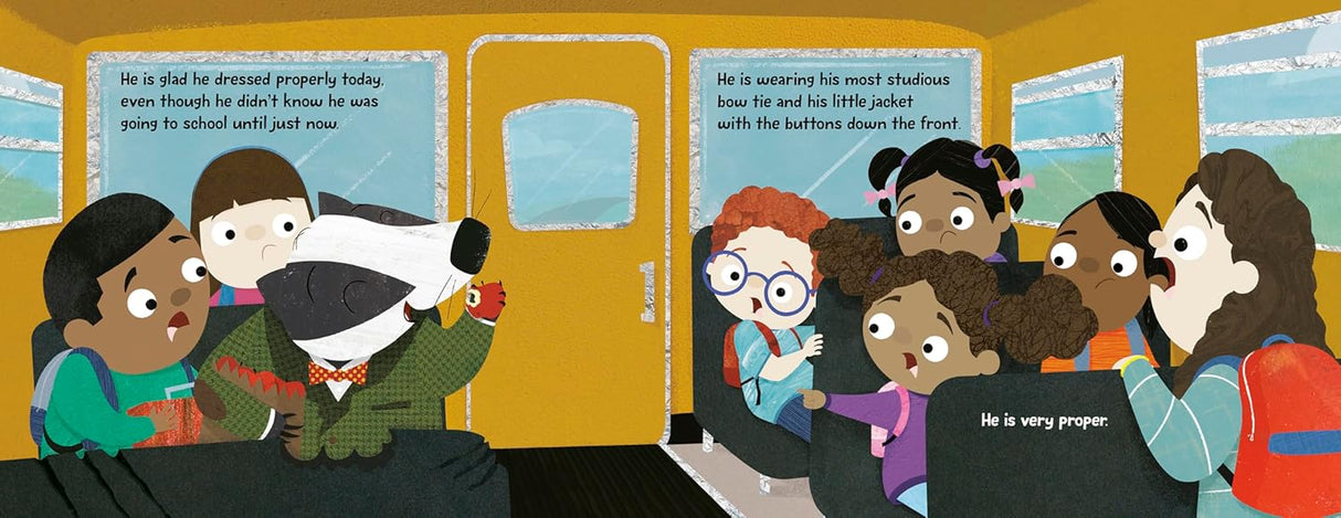 Proper Badger Would Never Trash the Classroom! shows a badger dressed for school on a bus surrounded by curious children.