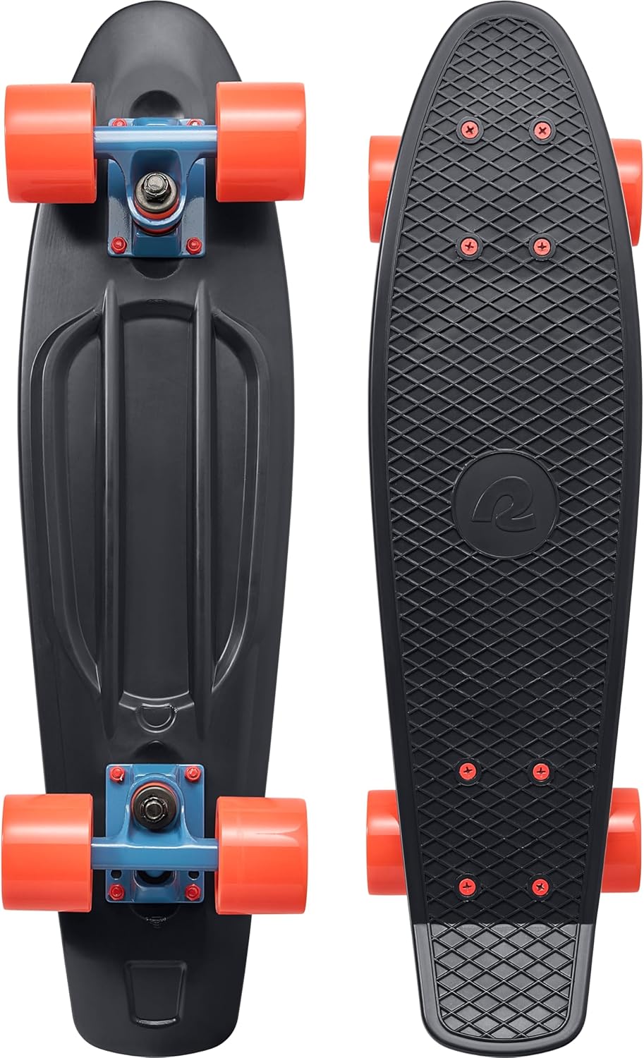 Quip Mini Cruiser Skateboard | El Diablo shown from top and bottom with black deck and bright orange wheels.