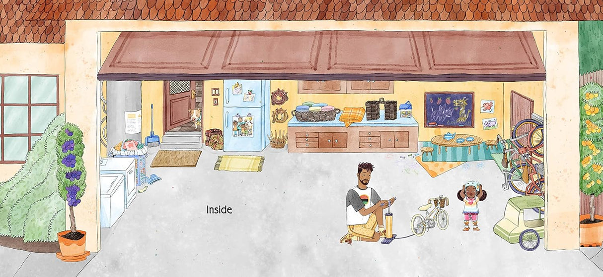 Together We Ride shows a dad helping his daughter learn to ride a bike in a friendly garage setting.