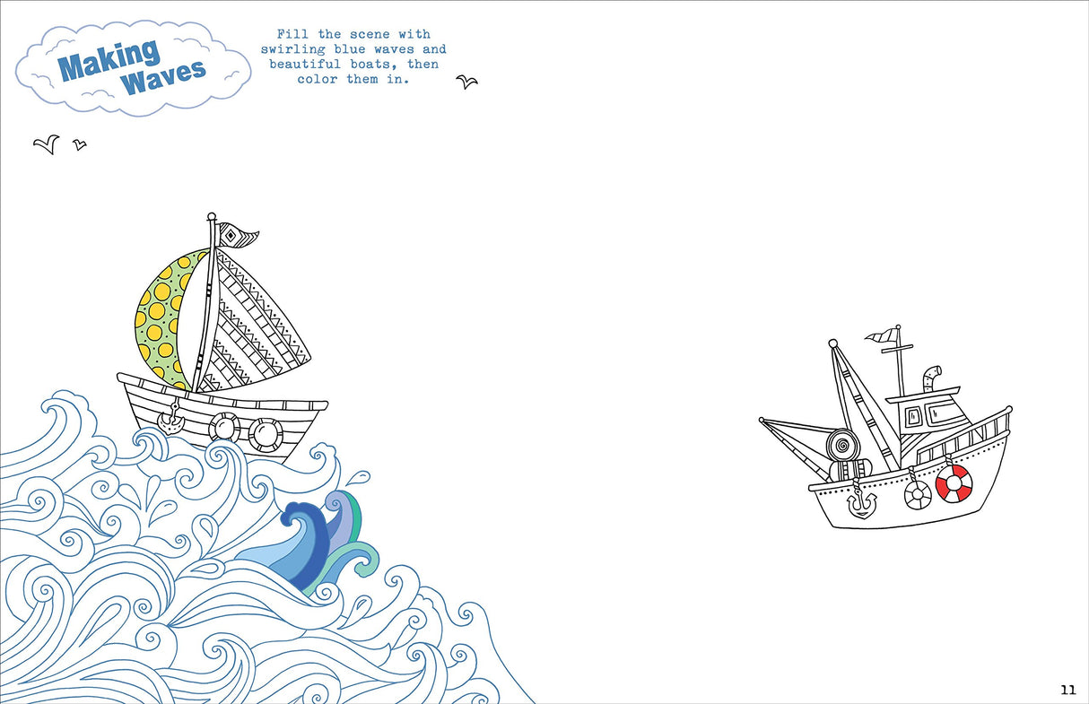 Kids Unplugged Ocean Quest showing ocean waves coloring and boat drawing activity page for kids.