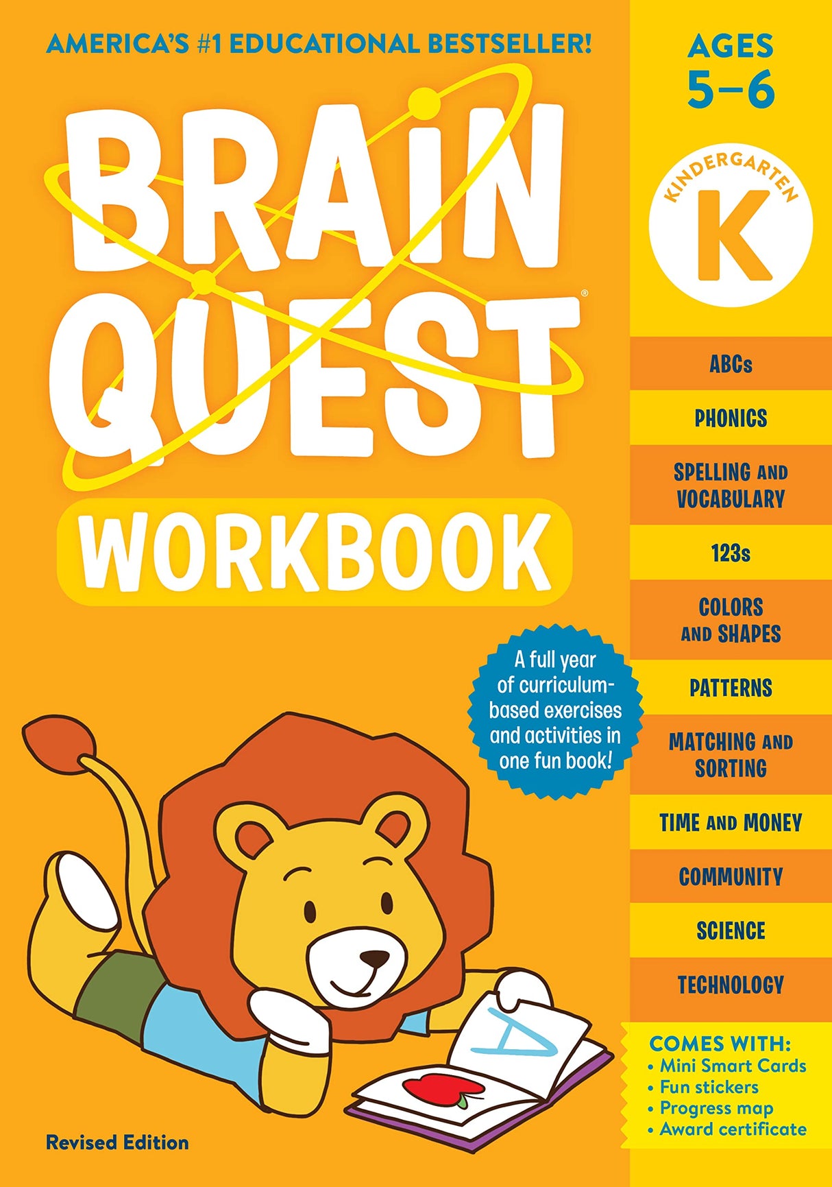 Brain Quest Workbook Kindergarten cover with lion illustration and curriculum topics for ages 5-6.