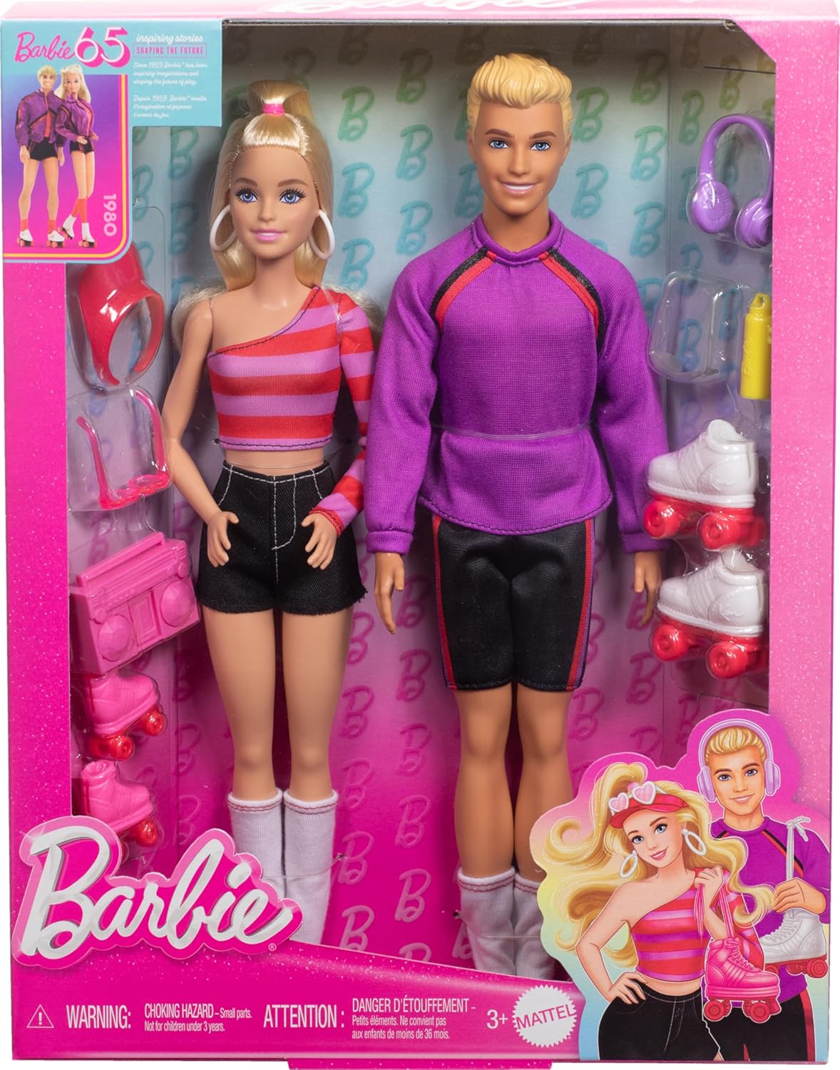 Barbie & Ken 65th Anniversary Fashionista dolls in 1980s roller-skating outfits with accessories in pink packaging.