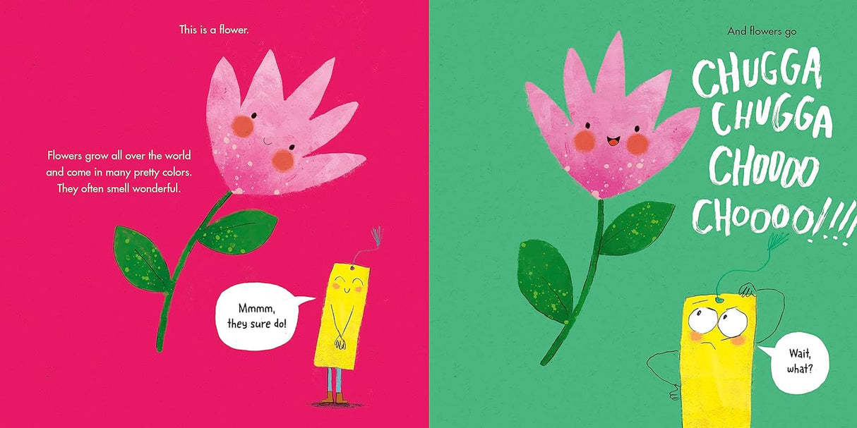 Open book spread from The Wrong Book showing a talking flower and crayon with bright, playful illustrations and fun dialogue.